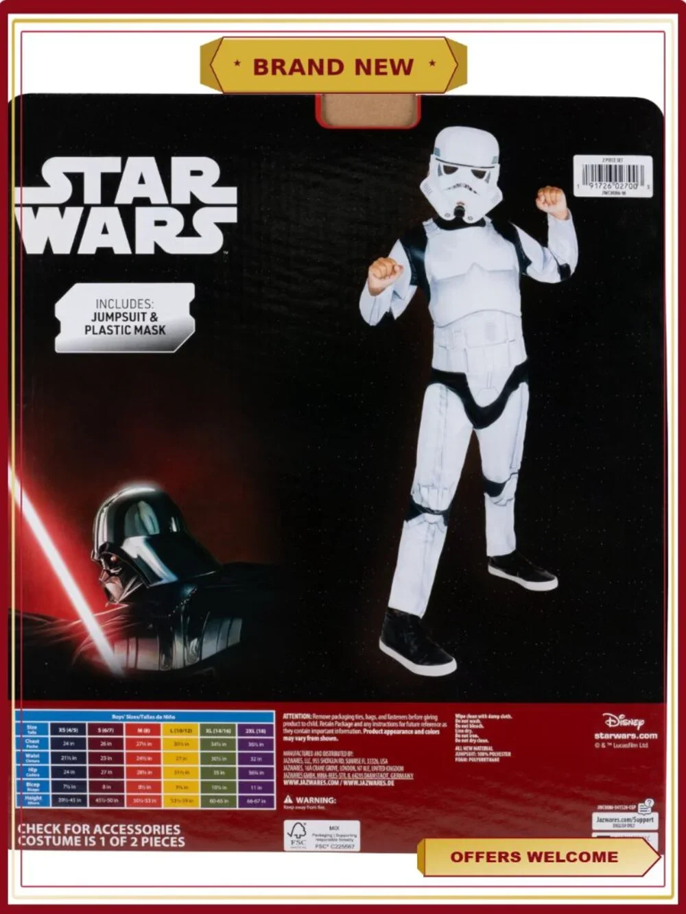 Star Wars Stormtrooper Halloween Costume Kids Size S Jumpsuit Mask